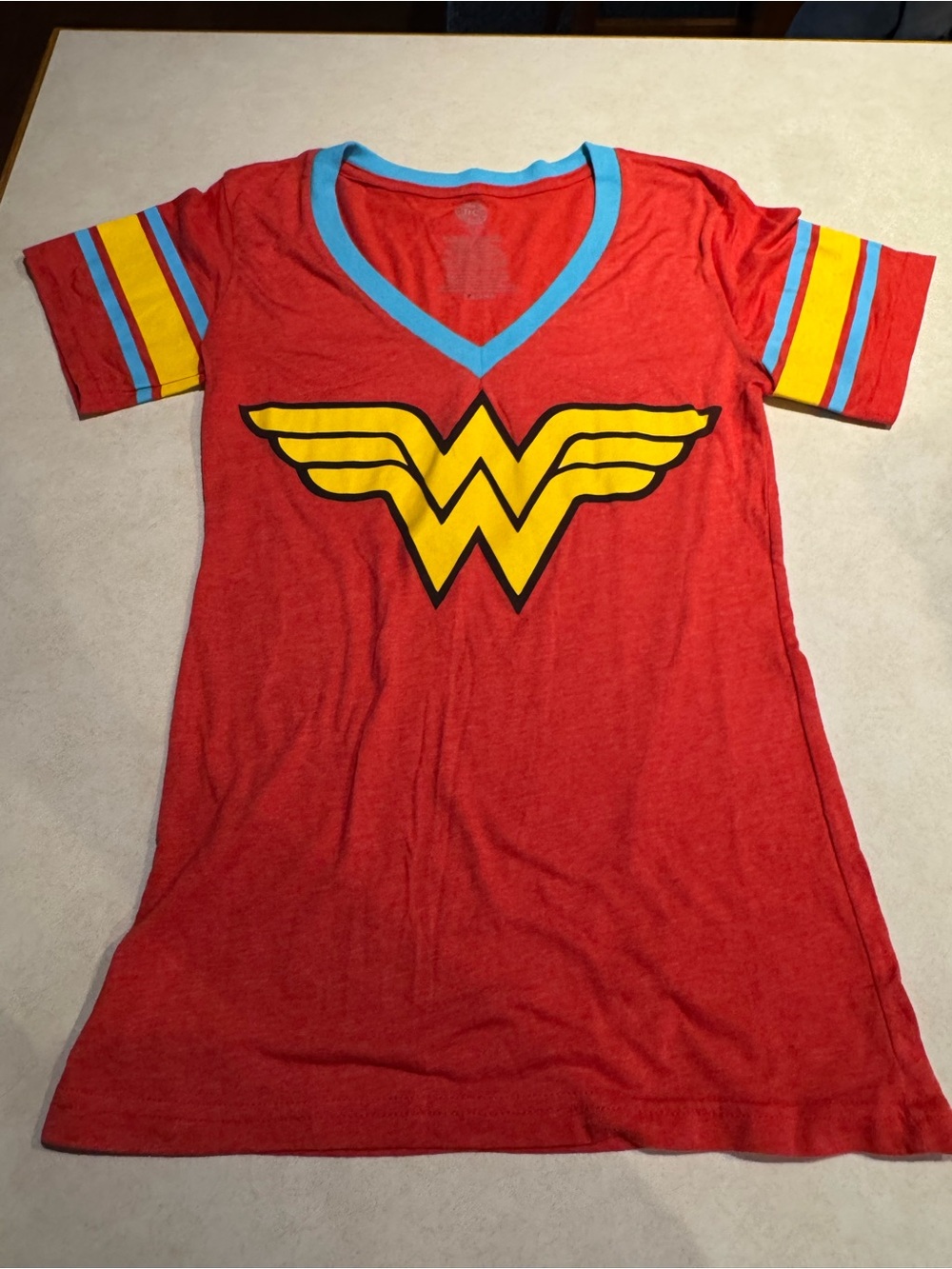 DC Comics Red Wonder Woman Short Sleeve V-Neck Tee with Yellow Logo